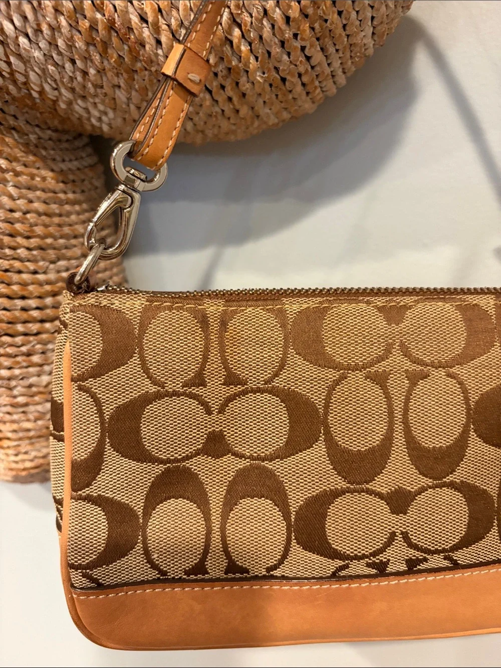 Coach Brown Tan Signature Canvas Shoulder Bag with Leather Trim #6094